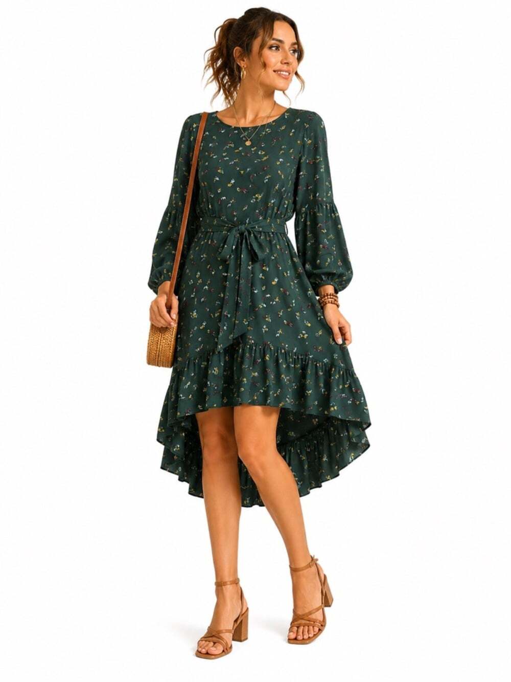 RW&CO Floral High Low Tie Waist Ruffle Dress Green Medium NWOT Long Sleeve
